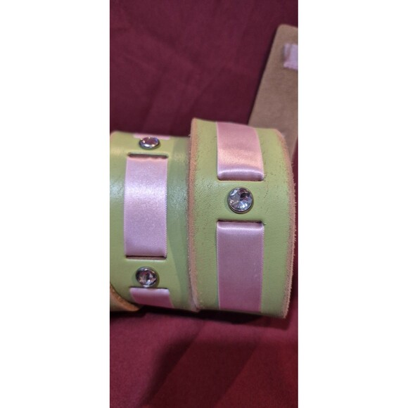 New Linea Pelle Med Leather Belt Lime Green Pink Woven Ribbon Rhinestone Accent main image 6